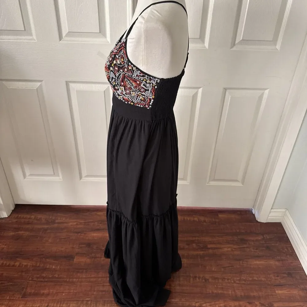 Abercrombie Fitch Womens Boho Embroidered Maxi Dress Medium Black Festival Style